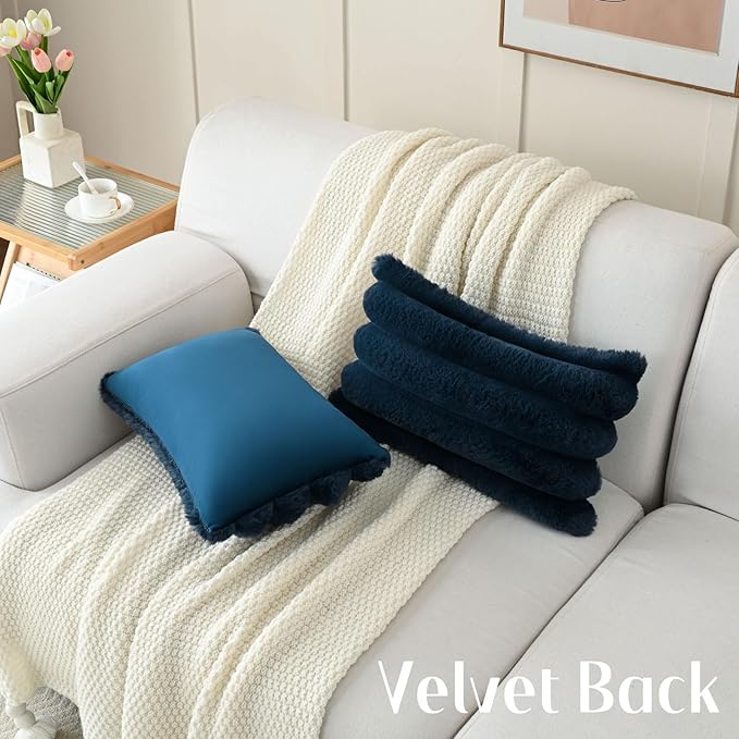 FUTEI Navy Blue Decorative Throw Pillow Covers 12x20 Inch Set of 2, Square Soft Faux Rabbit Fur Big Striped Cushion Cover,Home Decor for Couch Sofa Bed Living Room