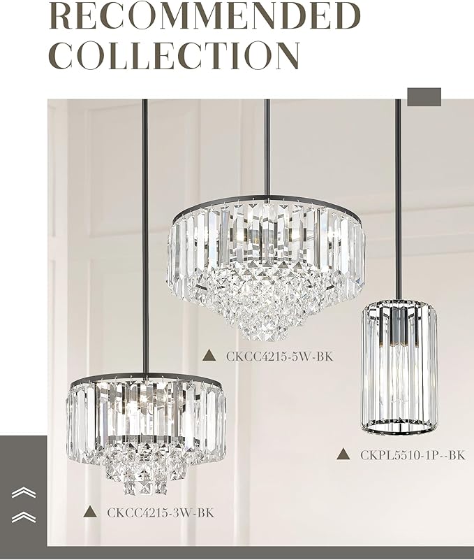 15'' Crystal Chandelier, 5-Tier Modern Chandelier with Matte Black Finish, Pendant Light for Dining Room Kitchen Island Bedroom Entryway, CC4215-5W-BK