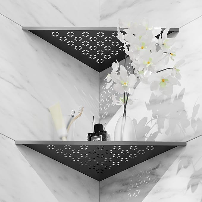 Corner Shower Shelf 10" Slot Design Recessed Shower Shelves for Tiled Wall, 304 Stainless Steel Corner Shelves for Bathroom Organizer, Matte Black 2 Pack (Star)