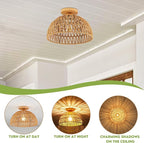 Boho Light Fixtures Ceiling Rattan Lights Boho Chandelier Flush Mount Ceiling Light Wooden Canopy Woven Lamp Shade Small Chandelier for Hallway Foyer Entrance Bedroom Kitchen Nursery Lighting Fixture
