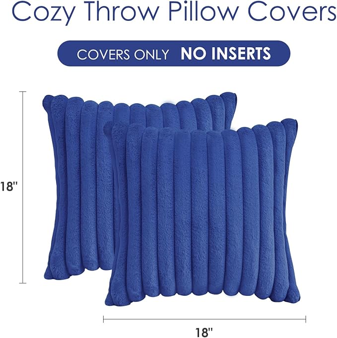 Throw Pillow Covers Decorative Faux Fur Set of 2 18x18 Inch Pillow Covers, Soft Navy Blue Striped Pillowcases for Couch Sofa Bed Living Room, Fluffy Cute Home Boho Accent Fuzzy Decor