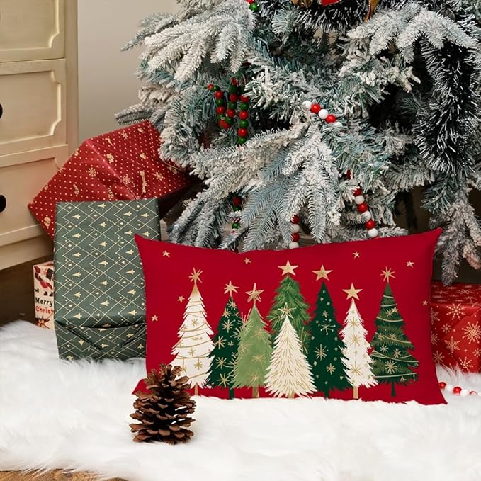 AACORS Christmas Pillow Cover 12X20 Inch Watercolor Christmas Tree Stars Decoration Holiday Farmhouse Winter Pillow Case for Sofa Couch Decor（Red） AA231-12-N