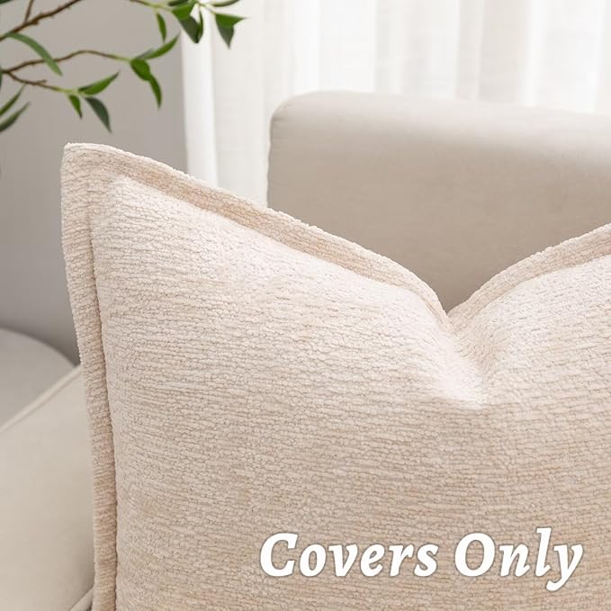 Beige Decorative Throw Pillow Covers 18x18 Inch Set of 2 Cozy Soild Chenille Cushion Cases Soft Textured Square Couch Pillows Cover Boho Accent Farmhouse Pillowcases for Sofa Bed