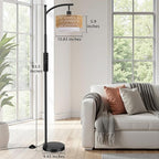 Ambimall Arc Floor Lamp for Living Room with Remote, Color Temperature & Brightness Adjustable, Boho Standing Lamp with Rattan & Fabric Double Drum Shades, Bulb Included(Black)