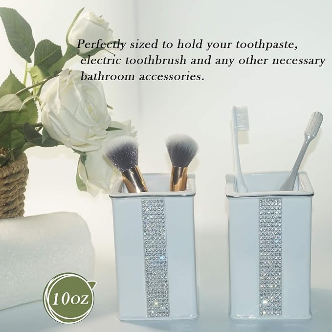Bathroom Accessories Set 4 Pcs-Ceramic Gift Set Soap Dispenser Pump & Toothbrush Holder & Tumbler Cup & Soap Dish - Bathroom Home Decor Clearance, Countertop Vanity Organize(12 Ounce White)