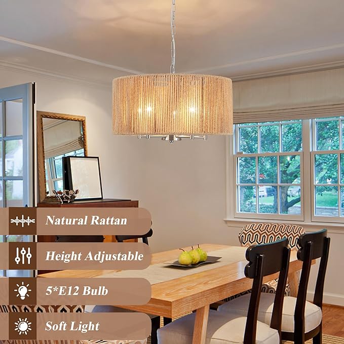 Boho Large Rattan Chandelier, 5-Lights Woven Pendant Light Fixture, 19" Dining Room Light Fixture Farmhouse Nickel Vintage Chandeliers Hanging Light for Living Room Kitchen Entryway Hallway Foyer