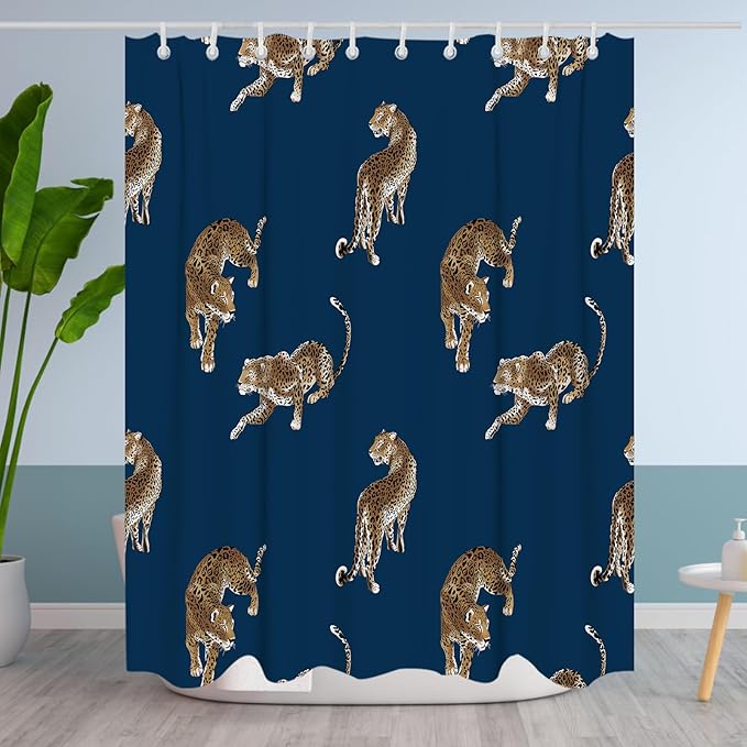 Abstract Modern Shower Curtain Leopard Jungle Theme Bathroom Bathtubs Fabric Jungle Shower Curtain Set with 12 Hooks 72 x 60 inches Waterproof Machine Washable Brown Black and Blue