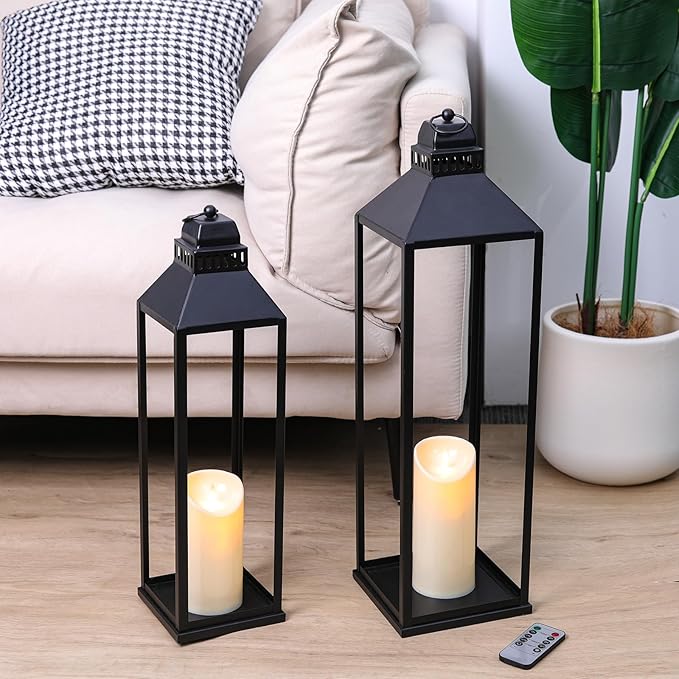 23" 19" Large Lanterns Decorative Outdoor Indoor, Set of 2 Modern Farmhouse Black Floor Lantern with Candles, Halloween, Christmas Lanterns for Fireplace, Mantle, Porch, Patio, Home Decor