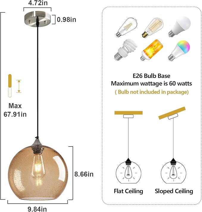Light Brown Glass Pendant Lights Kitchen Island Globe Pendant Light Fixtures Modern Pendant Lighting for Bedroom Living Dining Room Light Fixture (9.84 in, 2 Pack)