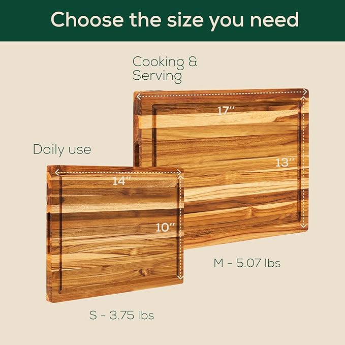 Non-Toxic Teak Wood Cutting Board & Serving Board, Pre-Oiled Edge Grain with Juice Groove and Handles, Knife Friendly, Food Grade Mineral Oil Coating (S 14" x 10" x 1", 3.75 lbs)