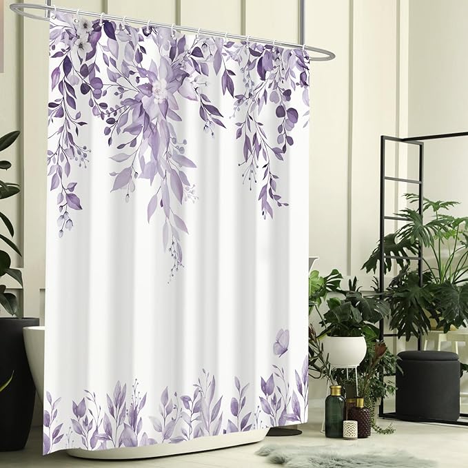 Eucalyptus Shower Curtain, Light Purple Watercolor Leaves with Floral Botanical Bathroom Decor, Waterproof Fabric Bath Curtain Set with Hooks, 72x84 Inches