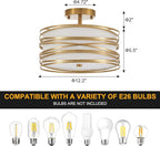 Drum Semi Flush Mount Ceiling Light Fixture Vintage 12.2“ Modern Farmhouse 2-Lights Linen Drum Ceiling Lighting Rustic Golden Ceiling lamp for Dining Room, Bedroom, Laundry Room, Basement