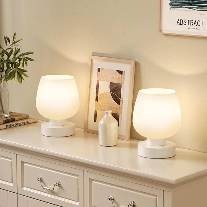 Touch Bedside Table Lamp Set of 2 - Small Bedside Lamp for Bedroom Living Room Night Stands, Desk Lamp with White Glass Shade for Small Spaces, 3 Way Dimmable, LED Bulbs, Gifts