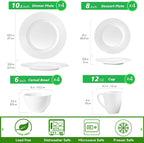16 Piece Porcelain Dinnerware Sets for 4, White Plates and Bowls Sets with Mugs, Dishwasher and Microwave Safe - Embossed Stripe Decro, Elegant Kitchen Dish Sets, QOMO-1996