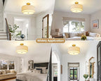 Double Drum 3 Light Semi Flush Mount Ceiling Light, Close to Ceiling Light Fixture, 16 Inch with Fabric Linen Shade, Gold Brass, for Living Room, Bedroom, Dining Room,Hallway and Entryway