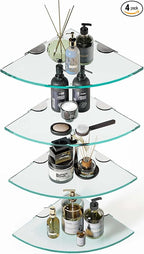 Set of 4 Bathroom Corner Glass Shelf Tempered Glass Shelves for Shower Wall Corner Caddy Basket Triangle Wall Shower Shelf Shampoo Bottle Holder No Drilling Adhesive Wall Mount Bathroom Shelf