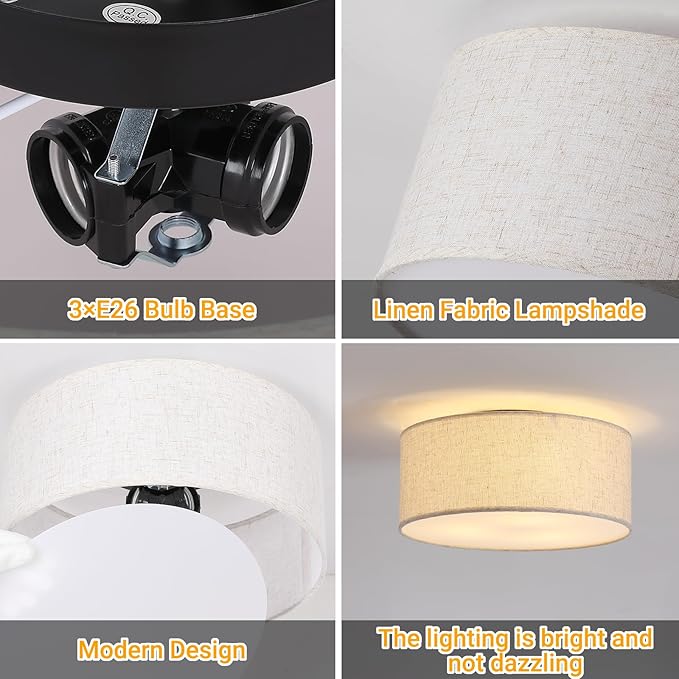 12.6" Modern Close to Ceiling Light with Linen Fabric Drum Shade,3-Light Semi Flush Mount Ceiling Light Fixture,Drum Light Fixtures Ceiling Mount for Kitchen, Bedroom, Bathroom, Living Room, Hallway