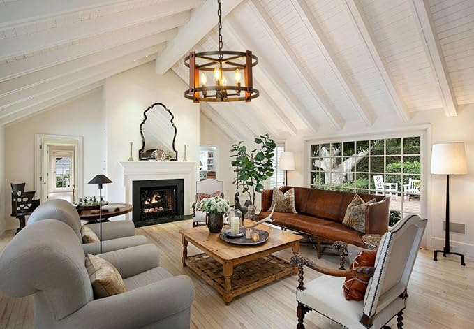 Farmhouse Wood Chandelier,18 Inch Black Modern Rustic Vintage Hanging Pendant Ceiling Light Fixture for Dining Room Bedroom Kitchen Island Hallway Foyer Entryway（4 Light