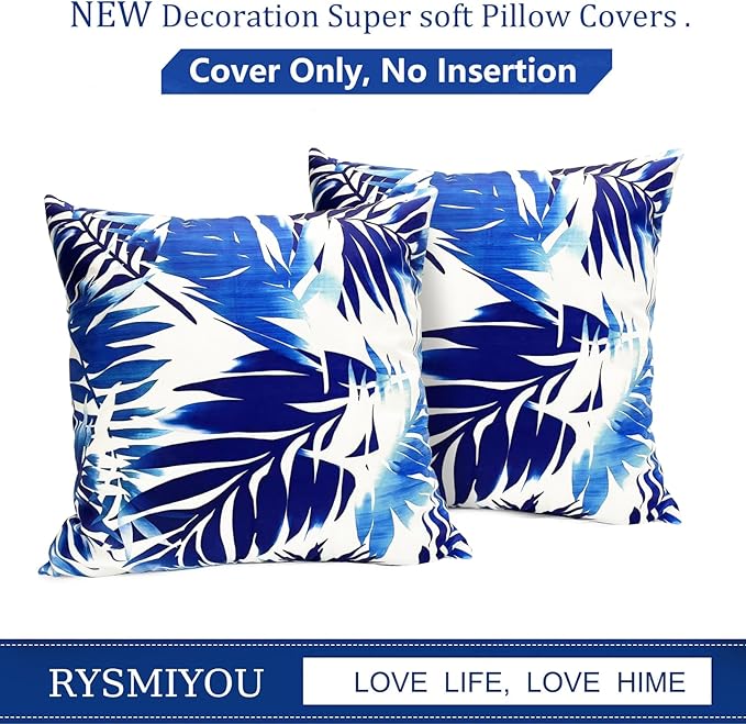 Decorative Throw Pillow Covers Set of 2 Blue Leaves of Tropical Pillow Covers 18x18 inch Soft Short Plush Square Throw Pillows,Farmhouse Outdoor Pillow Covers for Couch Sofa Living Room