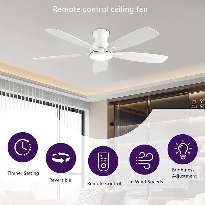 52inch Ceiling Fans with Lights, Low Profile Ceiling Fan with Light and Remote Control/APP Control, DC Reversible Motor, Noiseless, Flush Mount White Ceiling Fan for Bedroom, Indoor/Outdoor Use