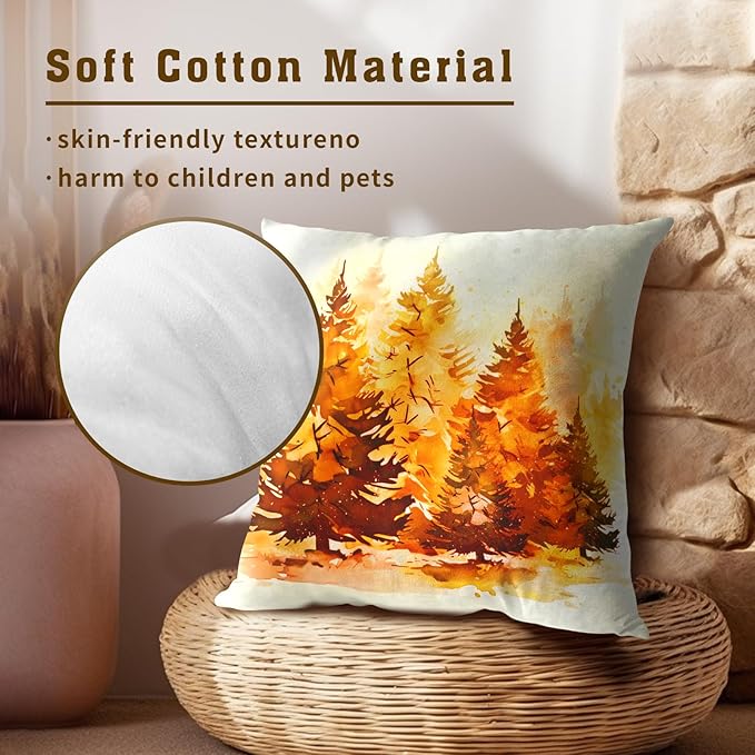 Fall Throw Pillow Covers 16x16 Pack of 2, Orange Nature Pine Forest Autumn Season Decorative Farmhouse Pillow Cases Cotton Linen Cushion Cover for Home Living Room Bed Sofa Car