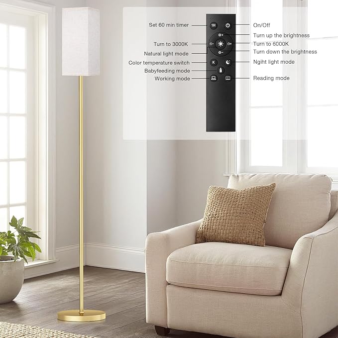 Ambimall Remote Control Floor Lamp, Stepless Dimmable, 64 Inches Tall, Include 9W Bulb, Standing Lamp for Living Room Bedroom Office (Light Beige & Gold)
