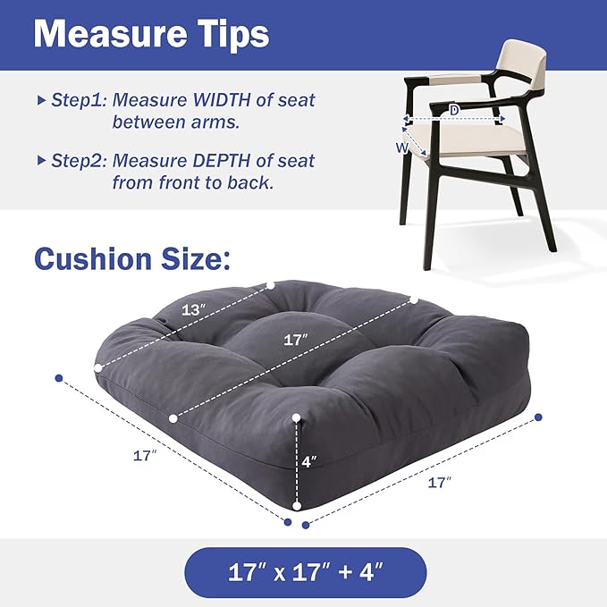 Outdoor Chair Cushions Set of 2, Patio Chair Cushions with Ties, 17x17+4” Tufted Outdoor Seat Cushions, Waterproof Patio Furniture Cushions, Outdoor Dining Chair Pads, Dark Grey