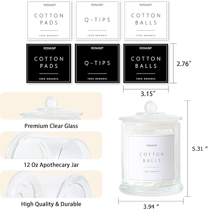Qtip Holder & Cotton Pad Dispenser, Bathroom Organizer and Storage Canisters, 16oz Glass Apothecary Jars for Kitchen, Restroom - Home Decor, Room Decor Aesthetic (2 Pack, Transparent)