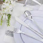 WELLIFE 700 Pieces Silver Plastic Dinnerware Set for 100 Guests - Includes Plates, Cups, Napkins, and Disposable Cutlery - Elegant White & Silver Design, Perfect for Parties and Events