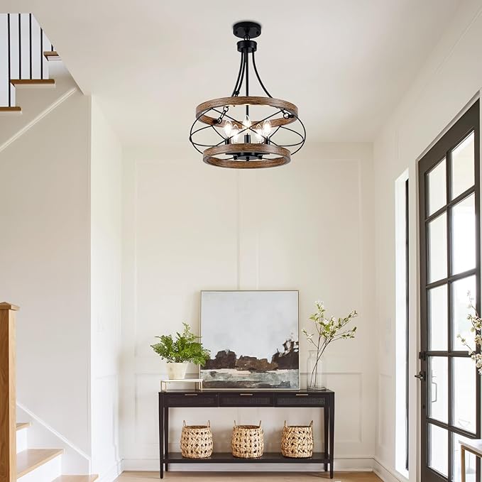 5-Light Farmhouse Chandelier, 17.72" Rustic Drum Dining Room Light Fixture, Vintage Wood Finish Metal Hanging Pendant Lighting, Industrial Candle Chandeliers for Living Room Kitchen Entryway Bedroom