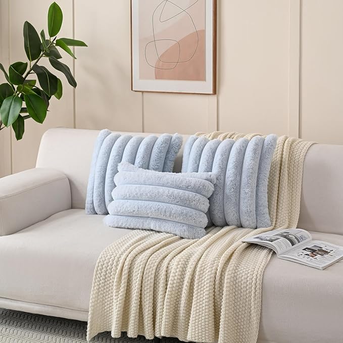 FUTEI Light Blue Decorative Throw Pillow Covers 26x26 Inch Set of 2, Square Soft Faux Rabbit Fur Big Striped Pillow Sham,Home Decor for Couch Sofa Bed Living Room