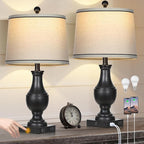 Vintage Farmhouse Lamps Set of 2, 25" Rustic Retro Table lamps with USB A+C Charging Ports & AC Outlet, Antique Resin Traditional Bedside Lamp with Linen Fabric Lampshade for Living Room Bedroom Black