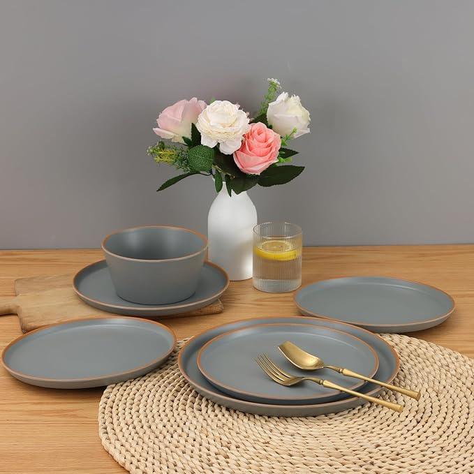Melamine Dinnerware for 4, 12 Pieces Unbreakable Matte Plastic Plates and Bowls set, Kitchen Dish set BPA Free, Dishwasher Top Safe, Not Microwave, Not Oven (Grey)