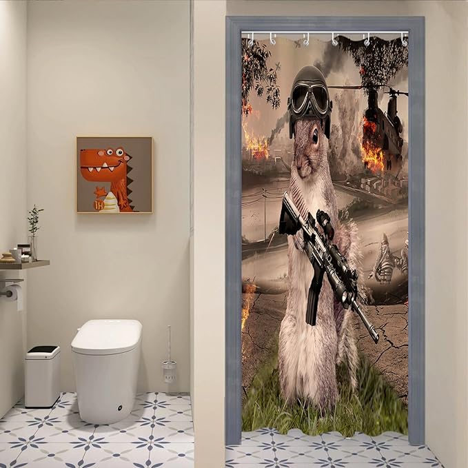 Funny Squirrel Warrior Shower Curtain Helicopter Animal Bathroom Set with 12 Hooks 72Hx36W inch Polyester Machine Washable Waterproof Brown Black and Green