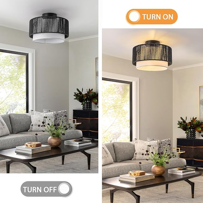 SineRise 12'' Rattan Flush Mount Ceiling Light Fixture,2-Tier Drum Hand-Woven Boho Flush Mount Ceiling Light,Farmhouse Light Fixture for Living Room,Kitchen,Bedroom Foyer Entryway ect.（Black）
