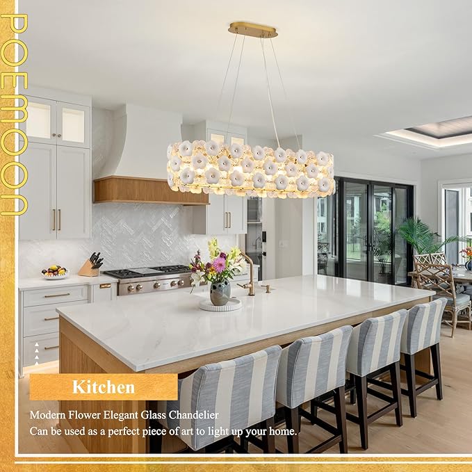 Modern Flower Glass Chandeliers for Dining Room L36” Oval Ceiling Pendant Light Fixture Luxury Gold 8-Light Contemporary Chandelier for Living Room Kitchen Island Bar, E12