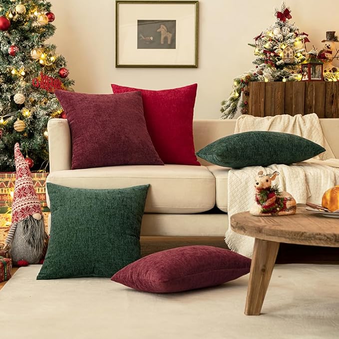MIULEE Pack of 2 Christmas Couch Throw Pillow Covers 12x20 Inch Soft Wine Red Chenille Pillow Covers for Sofa Living Room Solid Dyed Pillow Cases