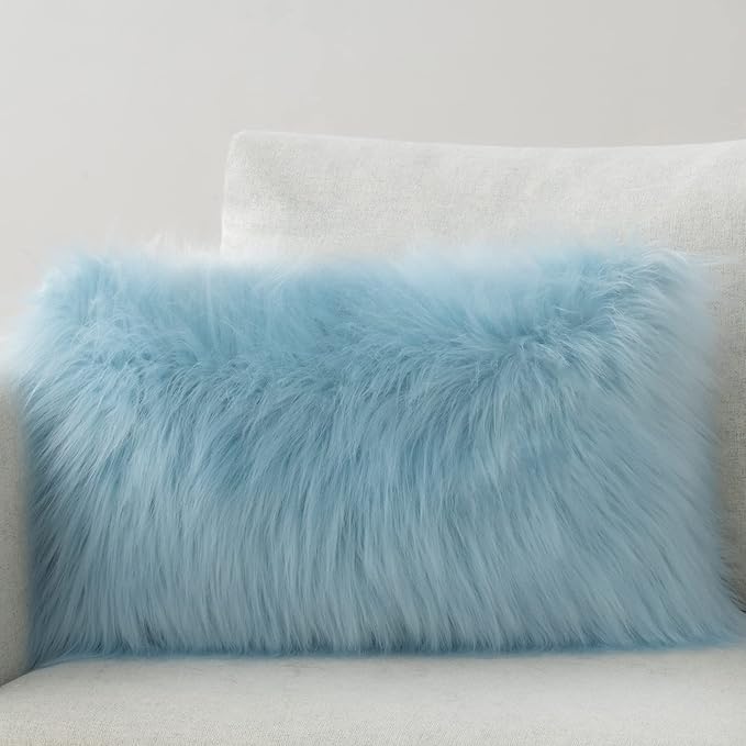 Phantoscope Faux Fur Solid Decorative Pillow Cover Fluffy Throw Pillow Mongolian Luxury Fuzzy Pillow Case Cushion Cover for Bedroom and Couch,Light Blue 12 x 20 Inches