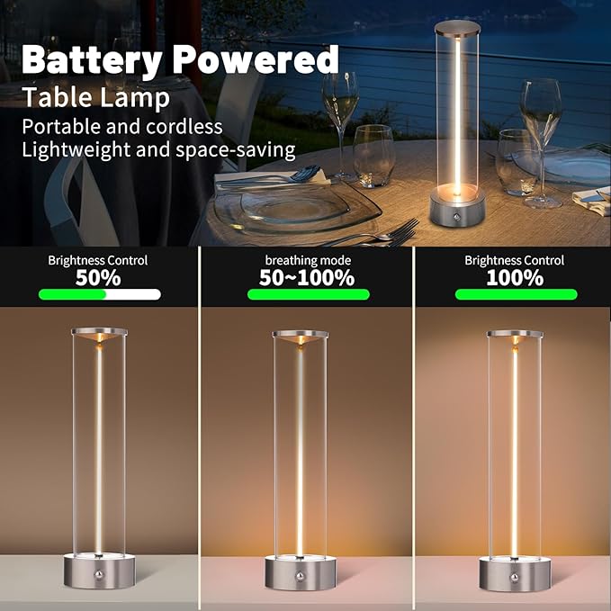 Cordless Portable LED Table Lamp， Rechargeable Battery Operated Desk Lamp with Touch Sensor, Three-Level Dimmable Suitable for Bars/Cafes/Restaurants/Bedrooms/Camping Sites. (Silver)