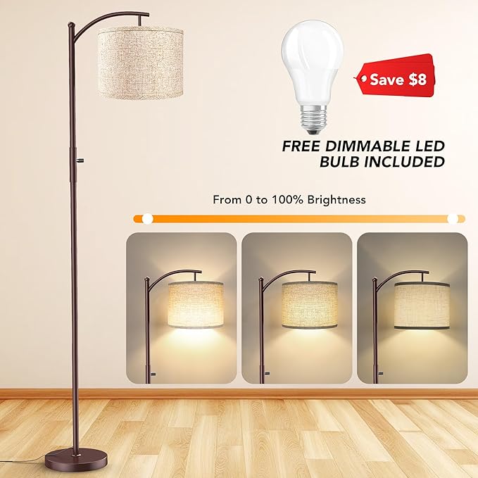 Dimmable Floor Lamp, Arc Floor Lamps for Living Room, Stepless Dimming Modern Standing Lamp with Linen Shade, Tall Lamp for Bedroom Office Dining Room- Brown