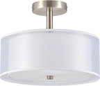 VONLUCE Semi Flush Mount Ceiling Light, 13'' Ceiling Light Fixture with 2-Layer Fabric Shade, 3-Light Modern Drum Light Fixture for Bedroom Living Room Entryway Hallway, White Shade & Nickel Finish