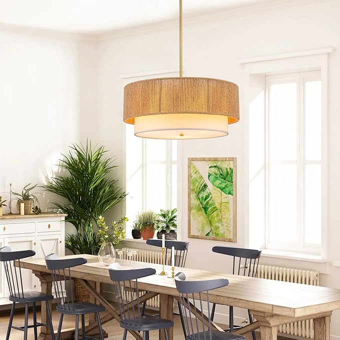 Rattan Farmhouse Chandeliers for Dining Room，Rattan Pendant Light Fixture Boho Light Fixtures with Fabric Shade Chandeliers for Bedroom Dining Room Foyer Kitchen Hallway Farmhouse（Gold）