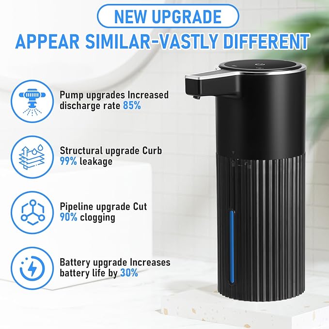 Automatic Soap Dispenser Touchless, USB Rechargeable Smart Hand Soap Dispenser, 4 Levels Adjustable, 13.5 oz/400 ml Wall Mounted for Bathroom, Kitchen (Black Foam)
