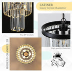 Black Crystal Pendant Light for Kitchen Island,Mini Crystal Chandeliers Modern for Dining Room,3 Tiers K9 Ceiling Pendant Light Fixture for Hallway Bedroom Closet