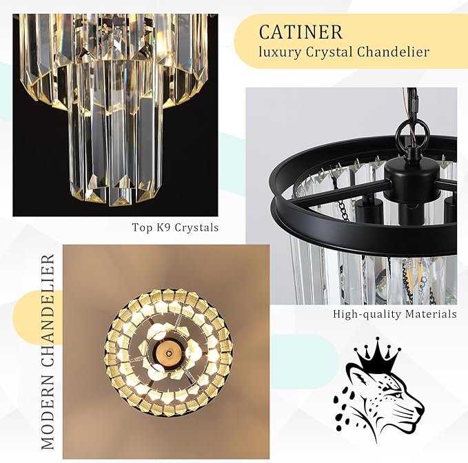 Black Crystal Pendant Light for Kitchen Island,Mini Crystal Chandeliers Modern for Dining Room,3 Tiers K9 Ceiling Pendant Light Fixture for Hallway Bedroom Closet