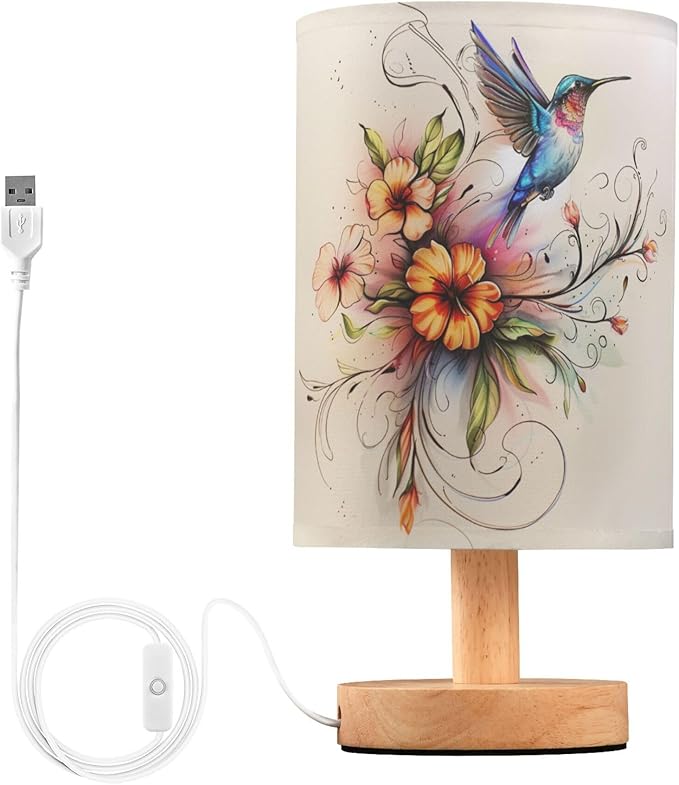 Table Lamp Hummingbird Floral Flower Nightstand Lamp with Wood Base Fabric Lamp Shade Bedside Desk Lamp for Living Room Bedroom Kids Room Office