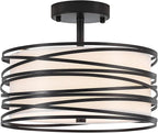 Drum Semi Flush Mount Ceiling Light Fixture Vintage Modern Farmhouse 2-Lights Linen Drum Ceiling Lighting Rustic Black Ceiling lamp for Dining Room, Bedroom, Kitchen, Laundry Room
