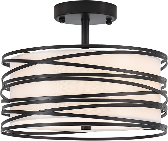 Drum Semi Flush Mount Ceiling Light Fixture Vintage Modern Farmhouse 2-Lights Linen Drum Ceiling Lighting Rustic Black Ceiling lamp for Dining Room, Bedroom, Kitchen, Laundry Room