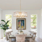 6-Light Gold Glass Chandelier, 18.7" Modern Textured Glass Drum Chandelier for Dining Room, Luxury Crystal Round Hanging Light Fixture for Kitchen Living Room Hallway Bedroom