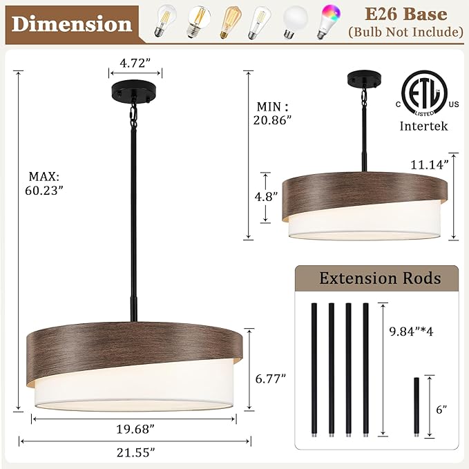 21.5'' Farmhouse Chandeliers for Dining Room Light Fixtures 5-Light Wood Grain Finish Drum Chandelier with Fabric Shade Round Rustic Pendant Lighting for Foyer Bedroom Living Room Kitchen，E26